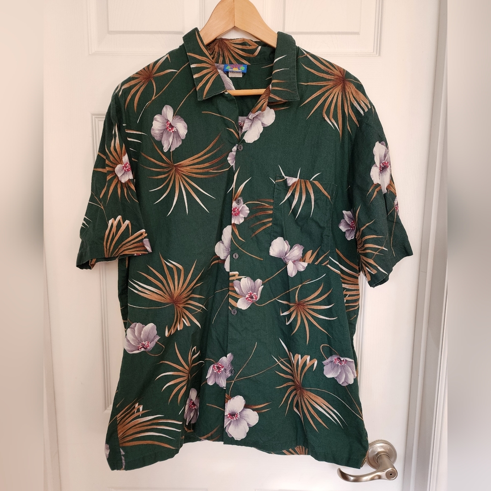 Vintage Hawaii‎ Blues Hawaiian Shirt Button Up Green With Brown Floral Size XL